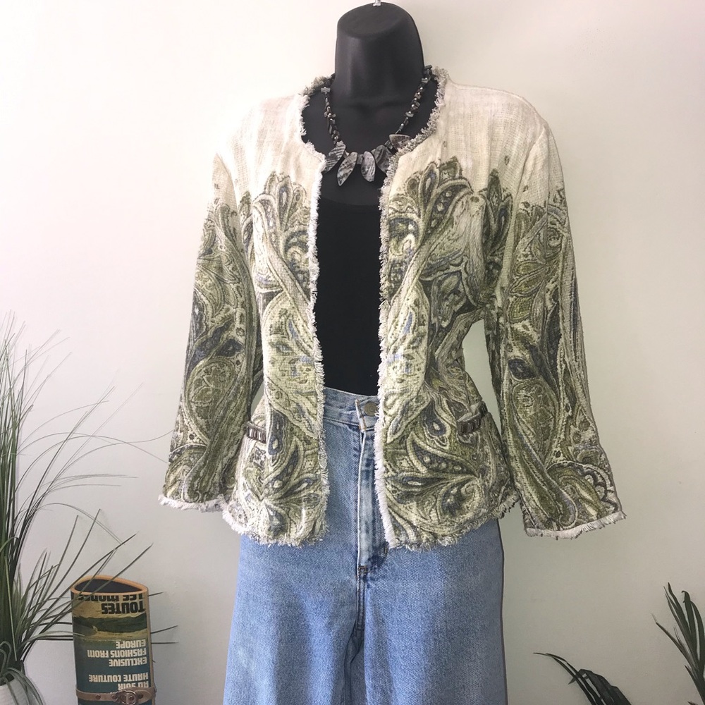 Chico’s Green and Cream Paisley Fringe Blazer